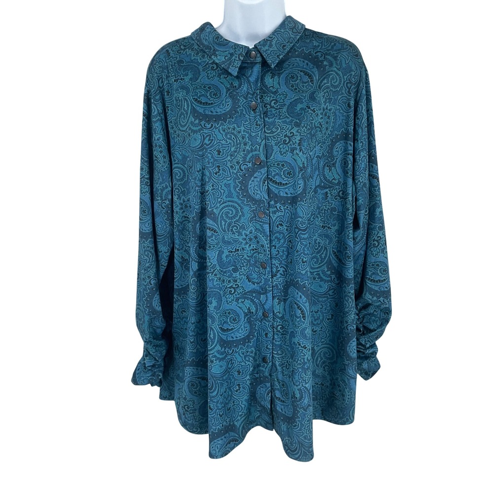 Susan Graver Button Shirt Womens 2XP Teal Blue Faux Suede Paisley Ruched Boho